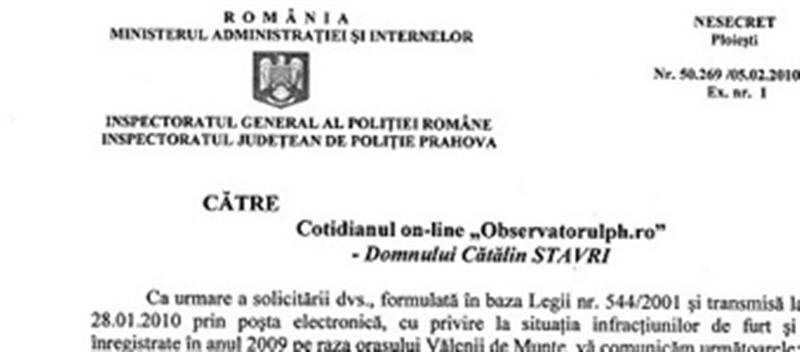 Răspunsul la solicitarea noastră privind numărul de  infracțiuni din Vălenii de Munte în 2009