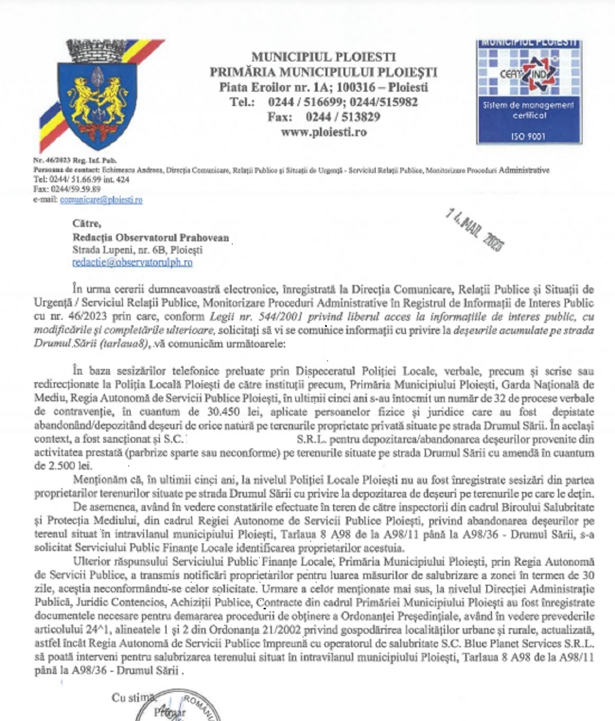 adresa Primaria Ploiesti deseuri drumul serii Bereasca