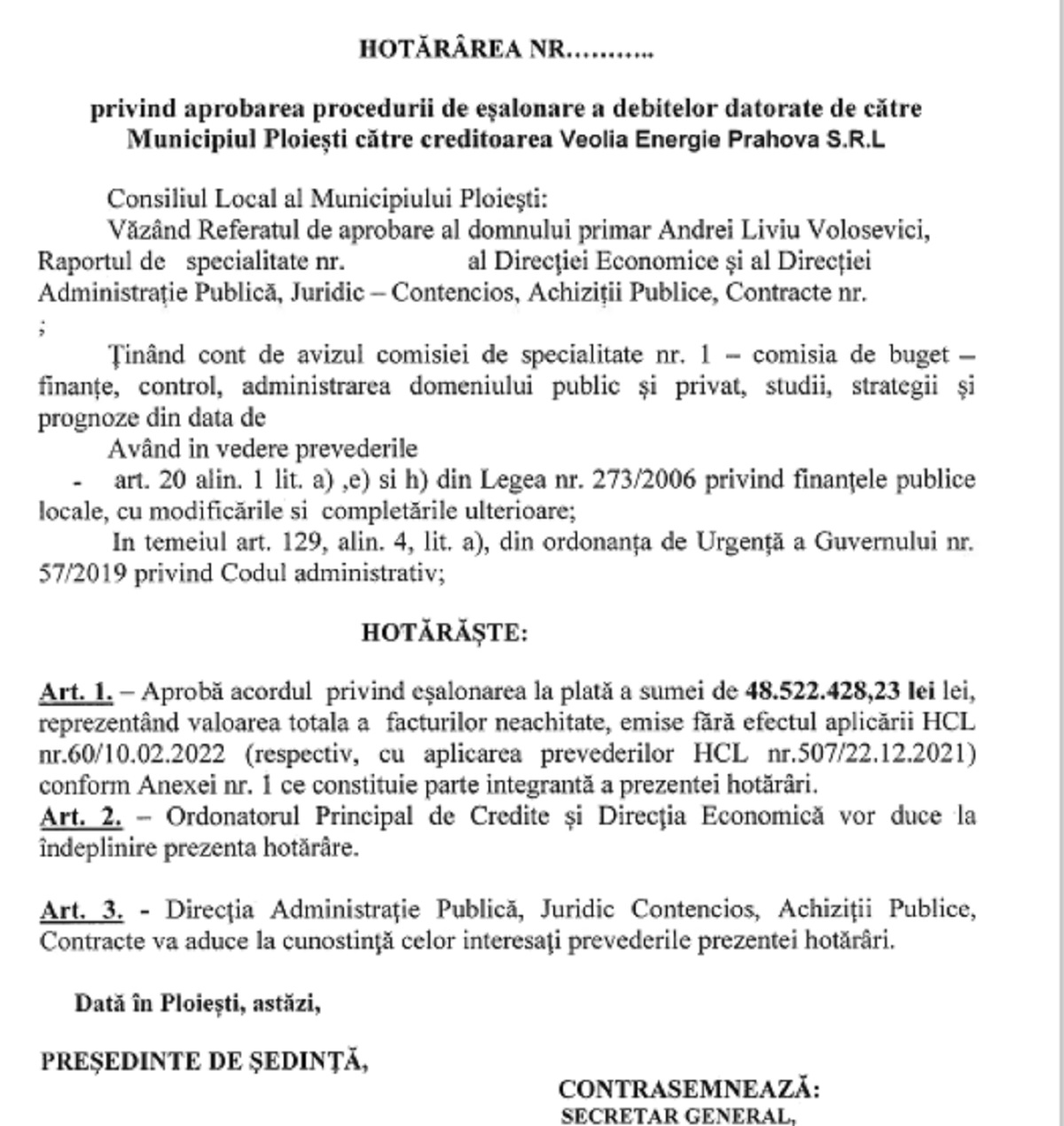 proiect hotarare Consiliul Local Ploiesti