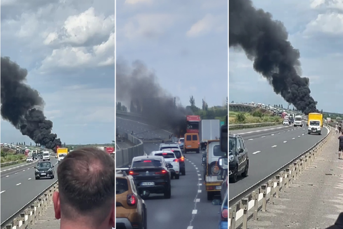 Un camion a luat foc în urma unui accident pe A3 București-Ploiești. Trafic blocat spre Ploiești