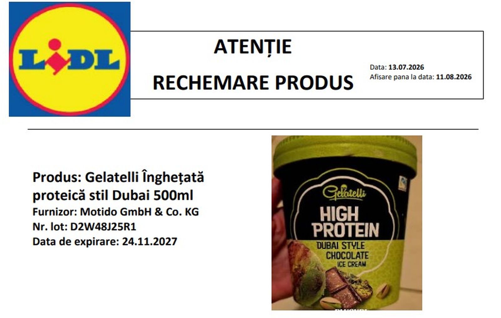 Alertă alimentară la Lidl. Retrage un sortiment de înghețată marca Gelatelli