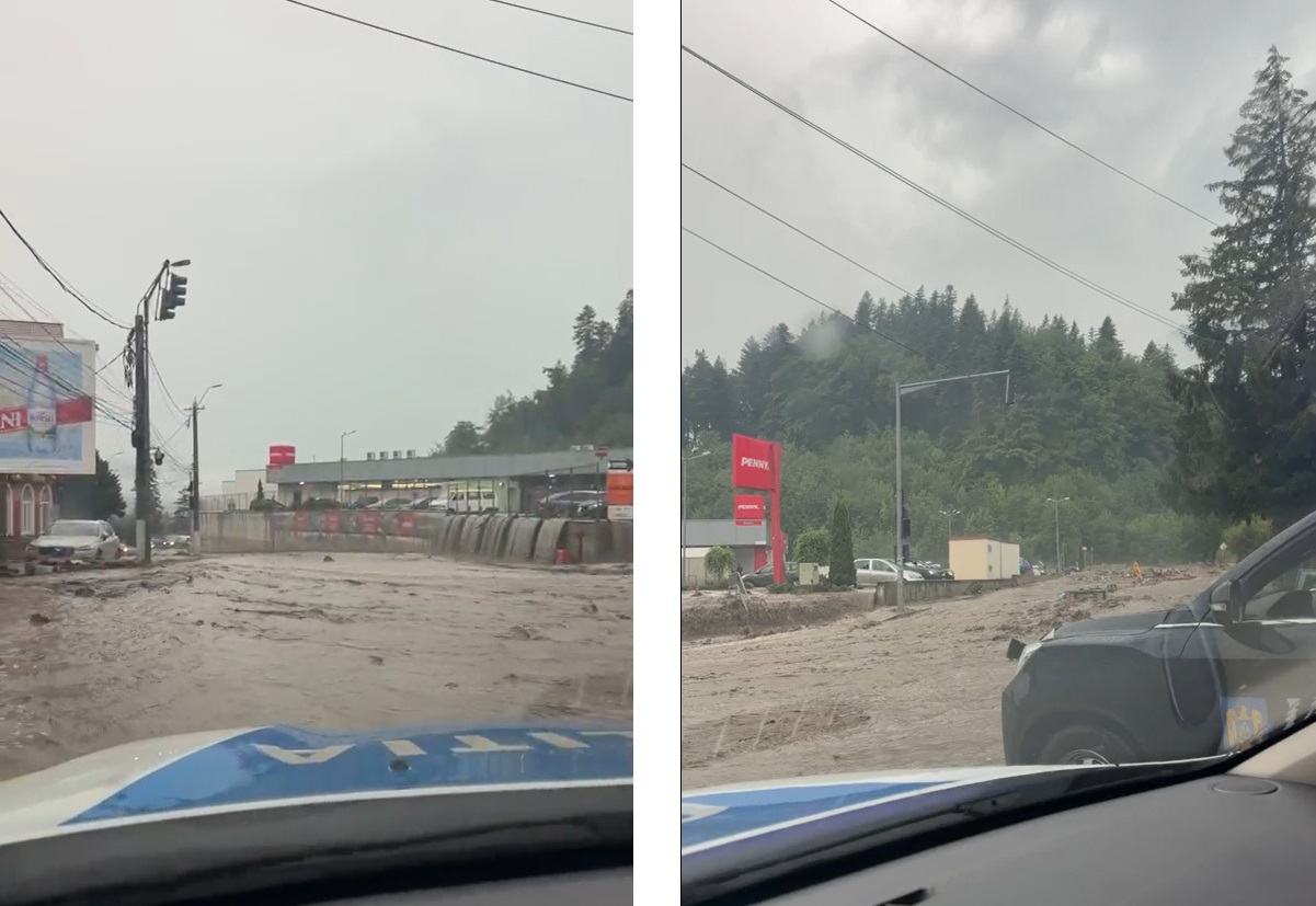 Inundații pe DN1, în Bușteni: mai multe străzi sub apă, circulația afectată